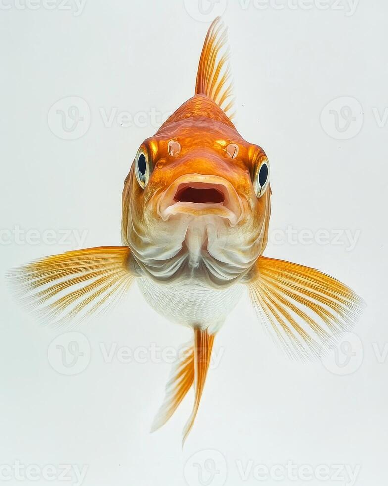 A close up of a goldfish with its mouth open photo