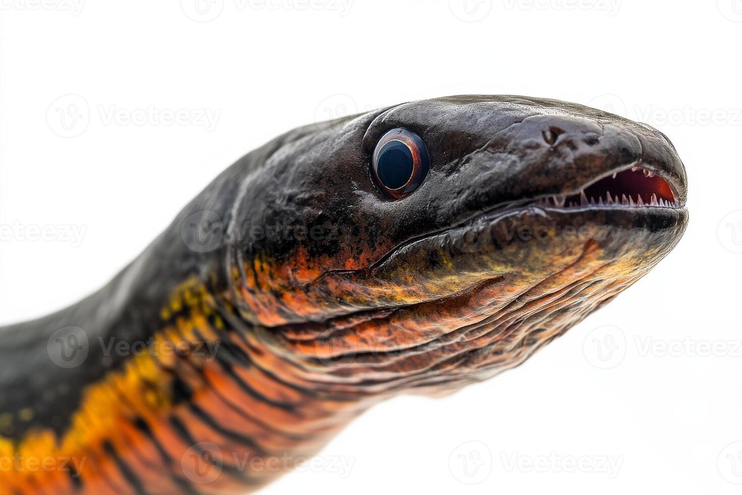 A close up of a snake's head with its mouth open photo