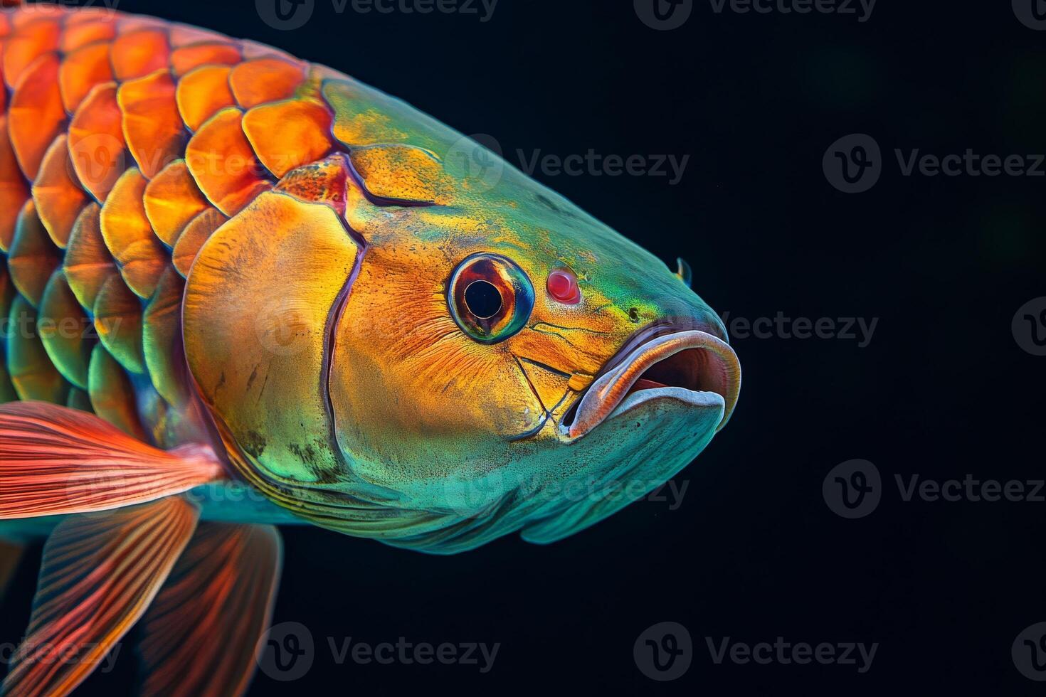 A colorful fish with a long tail on a black background photo