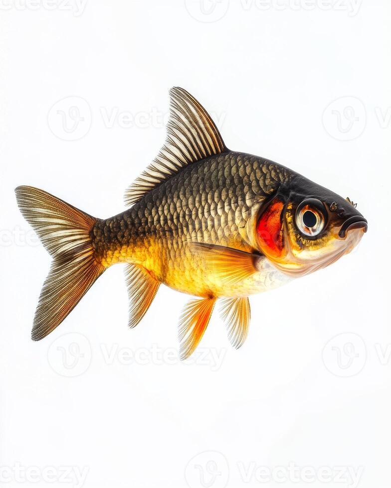 A fish with a red eye is shown on a white background photo
