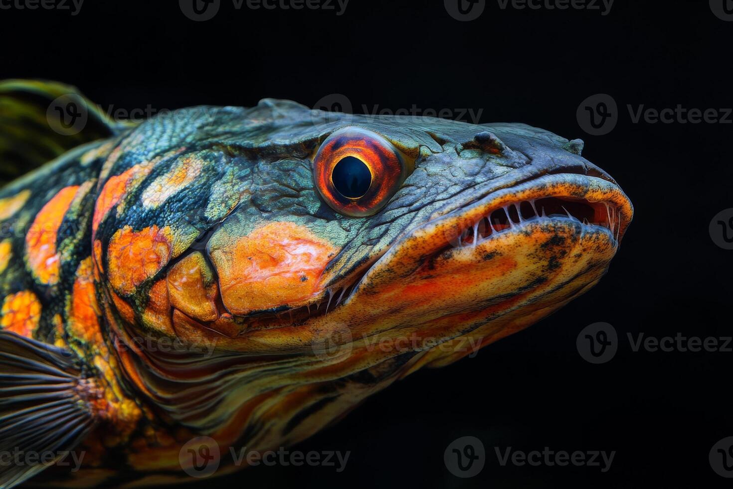 A close up of a fish with orange and black markings photo