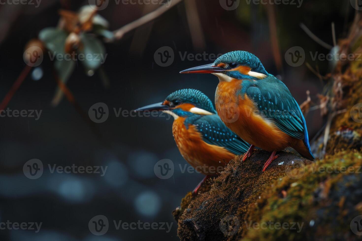 Two kingfishers perched on a mossy branch photo