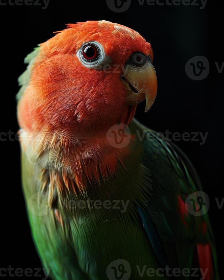 A close up of a colorful bird with a black background photo