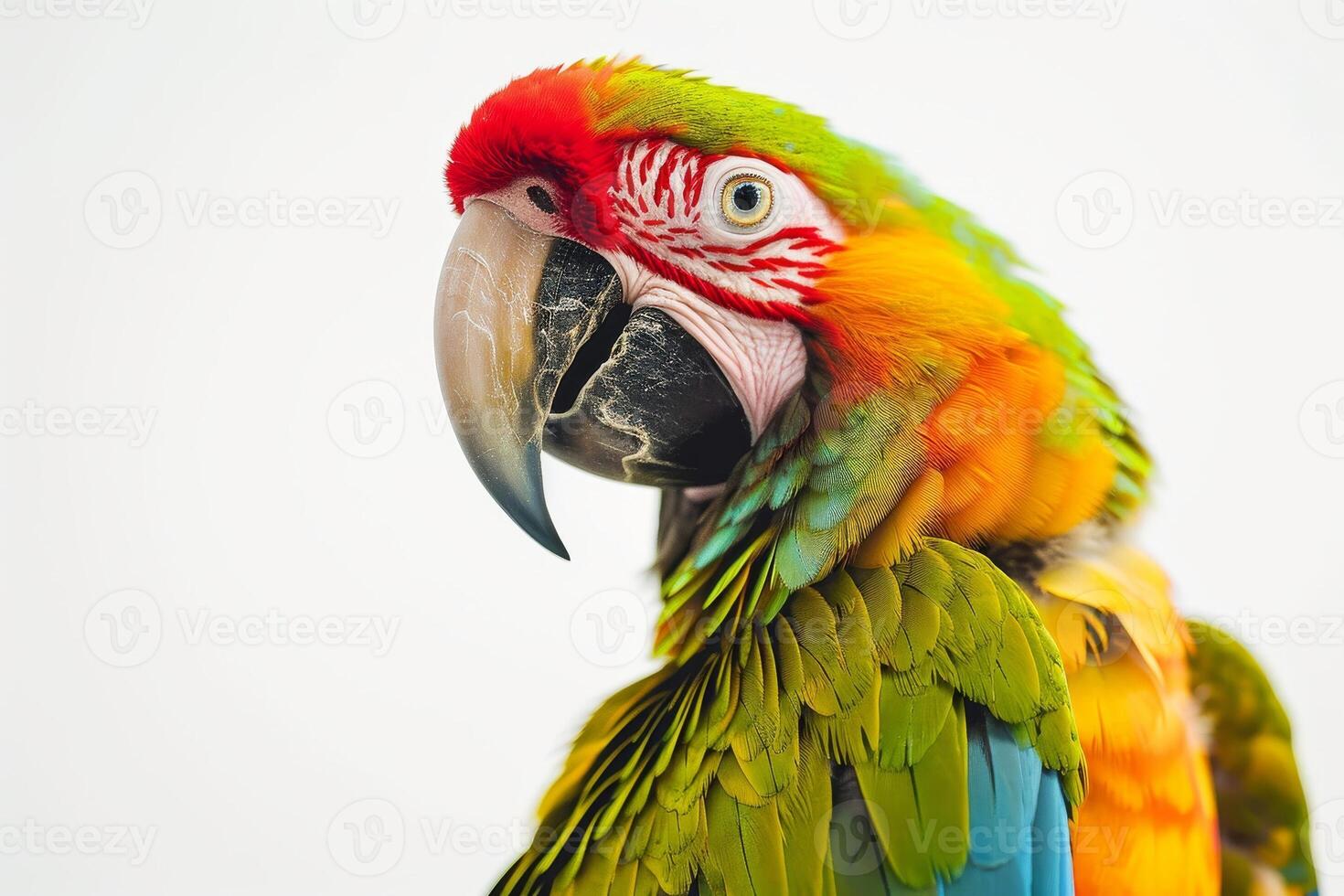 A close up of a colorful parrot with a white background photo