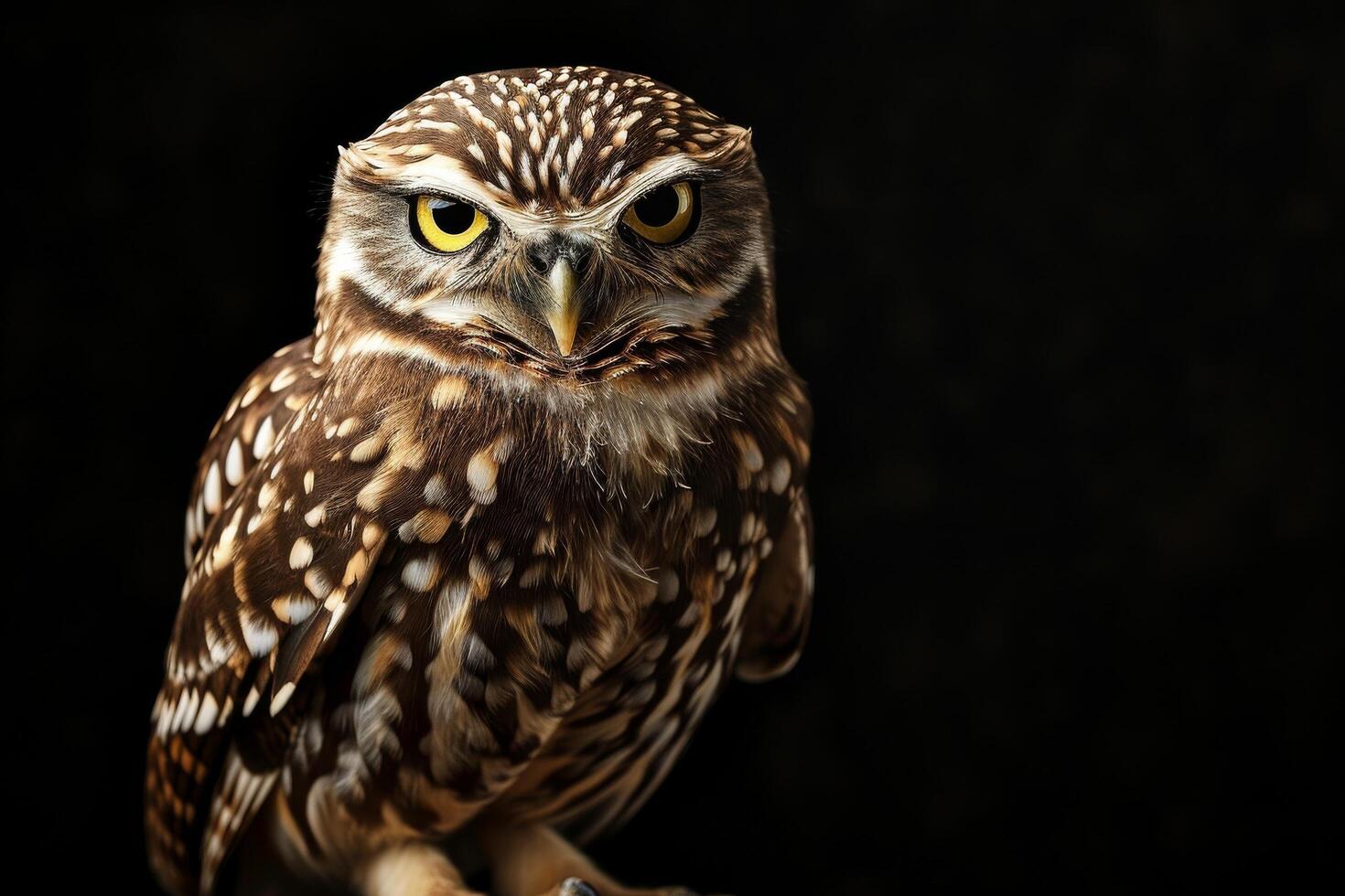 An owl with yellow eyes is sitting on a branch photo