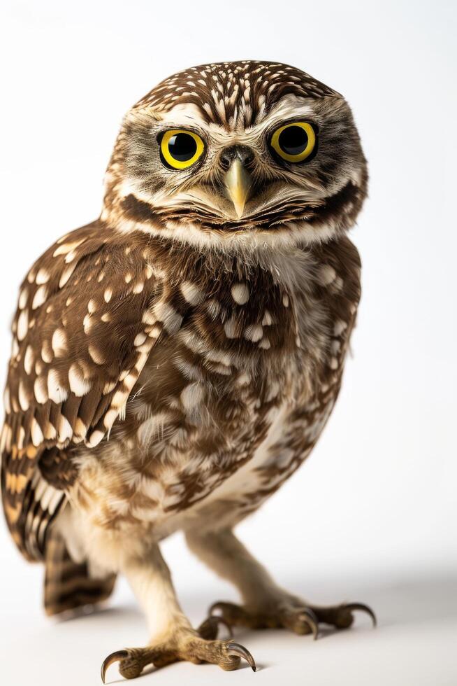 A small owl with yellow eyes standing on a white background photo