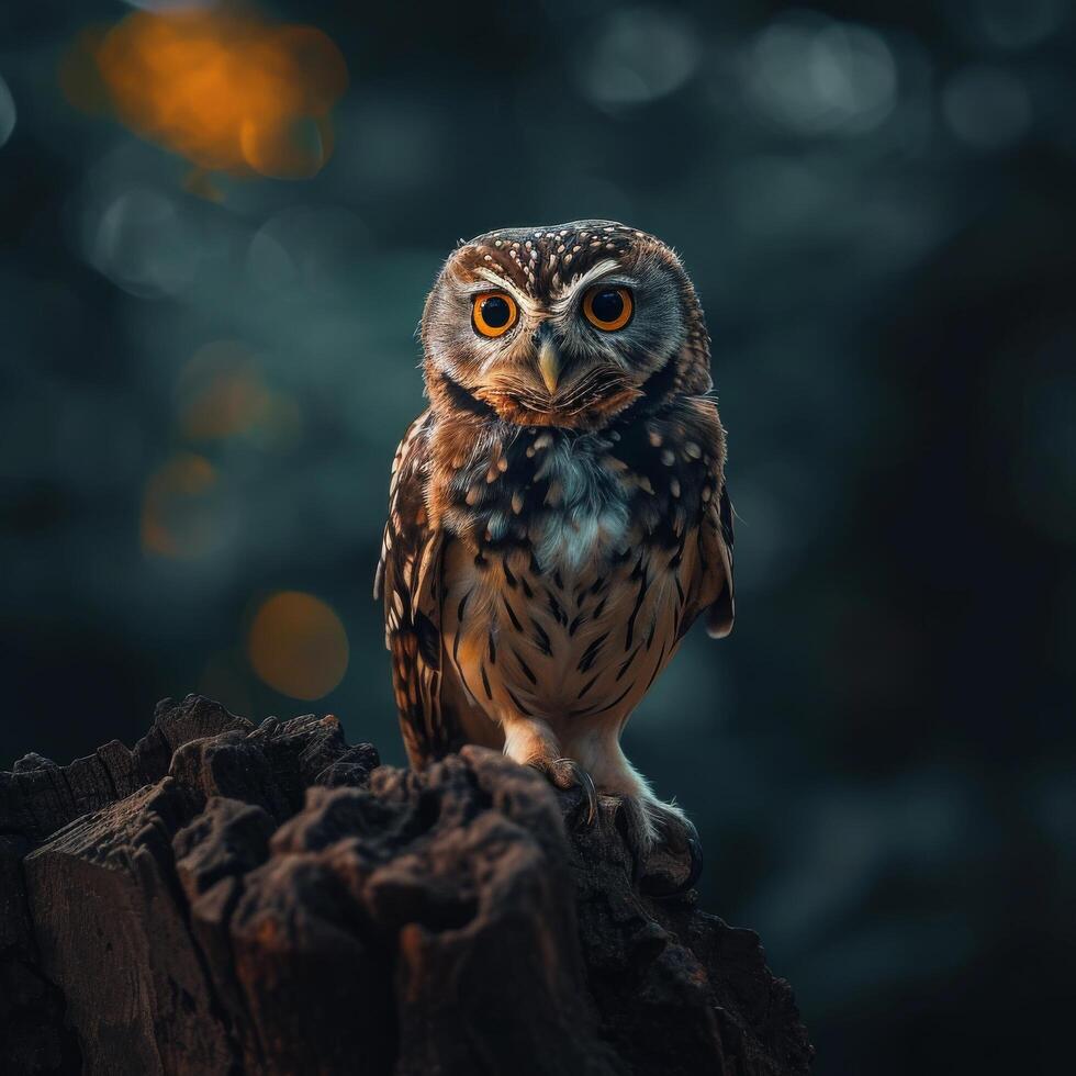 An owl sitting on a tree stump with a blurry background photo
