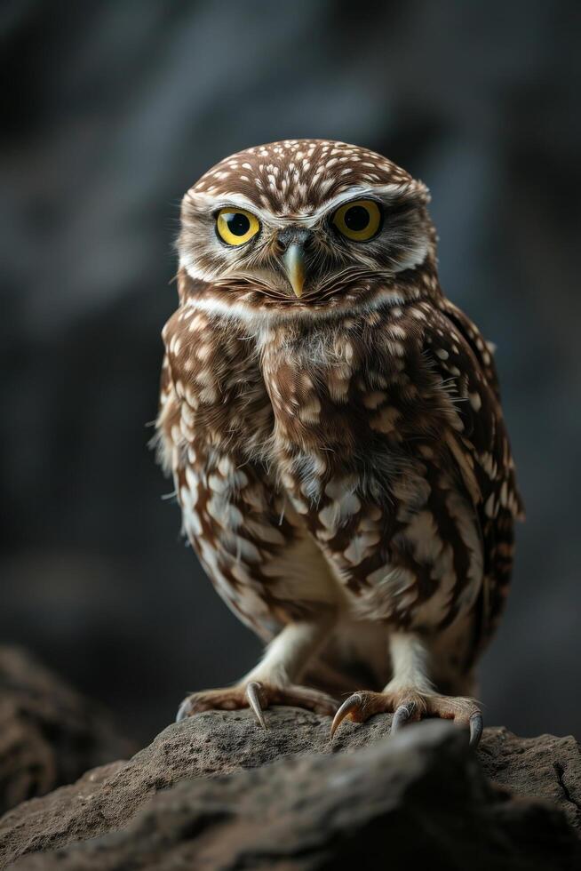 A small owl is sitting on a rock photo