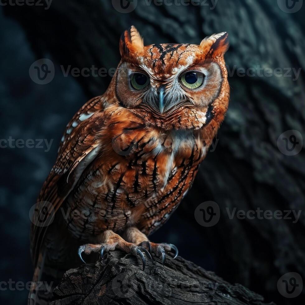 An owl is sitting on a branch in the dark photo