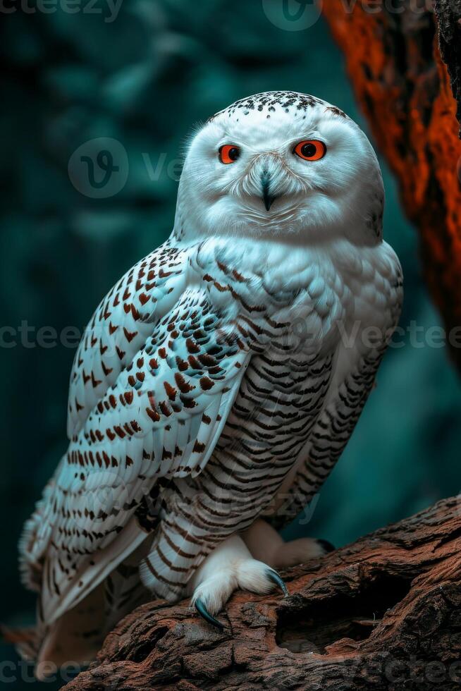 A snowy owl is sitting on a branch photo