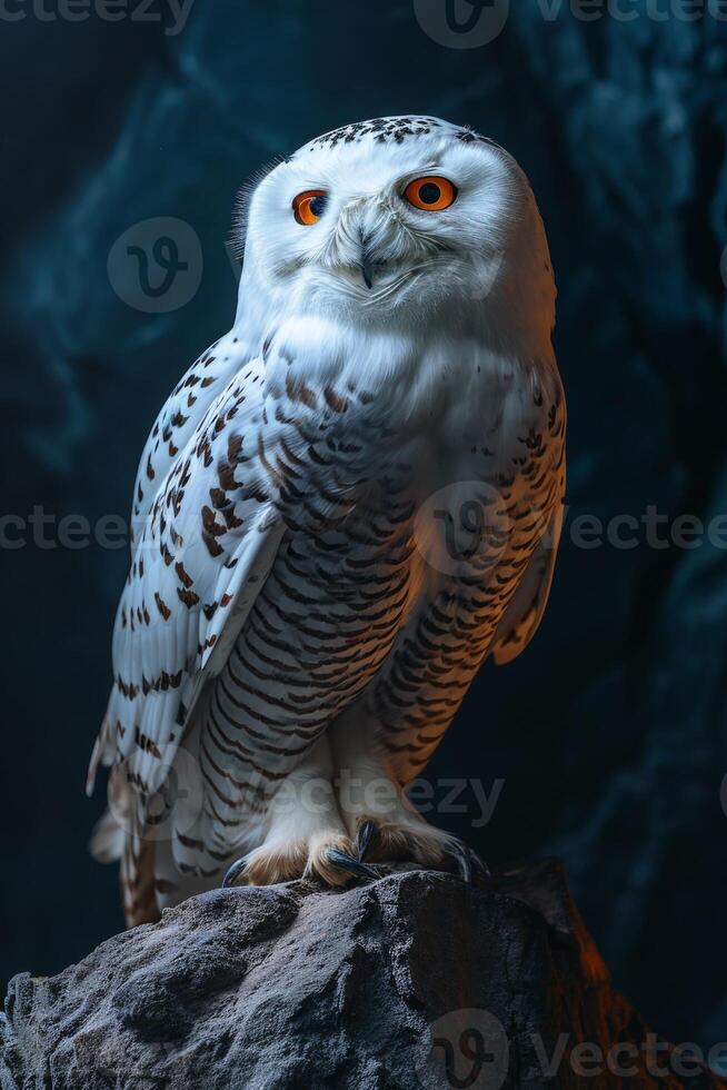 A snowy owl is sitting on a rock photo