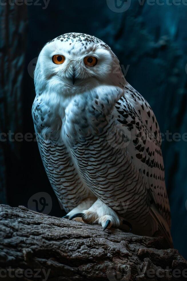 A snowy owl is sitting on a branch photo