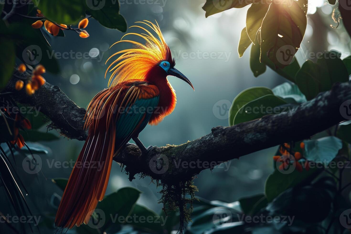 A colorful bird with long feathers sitting on a branch photo