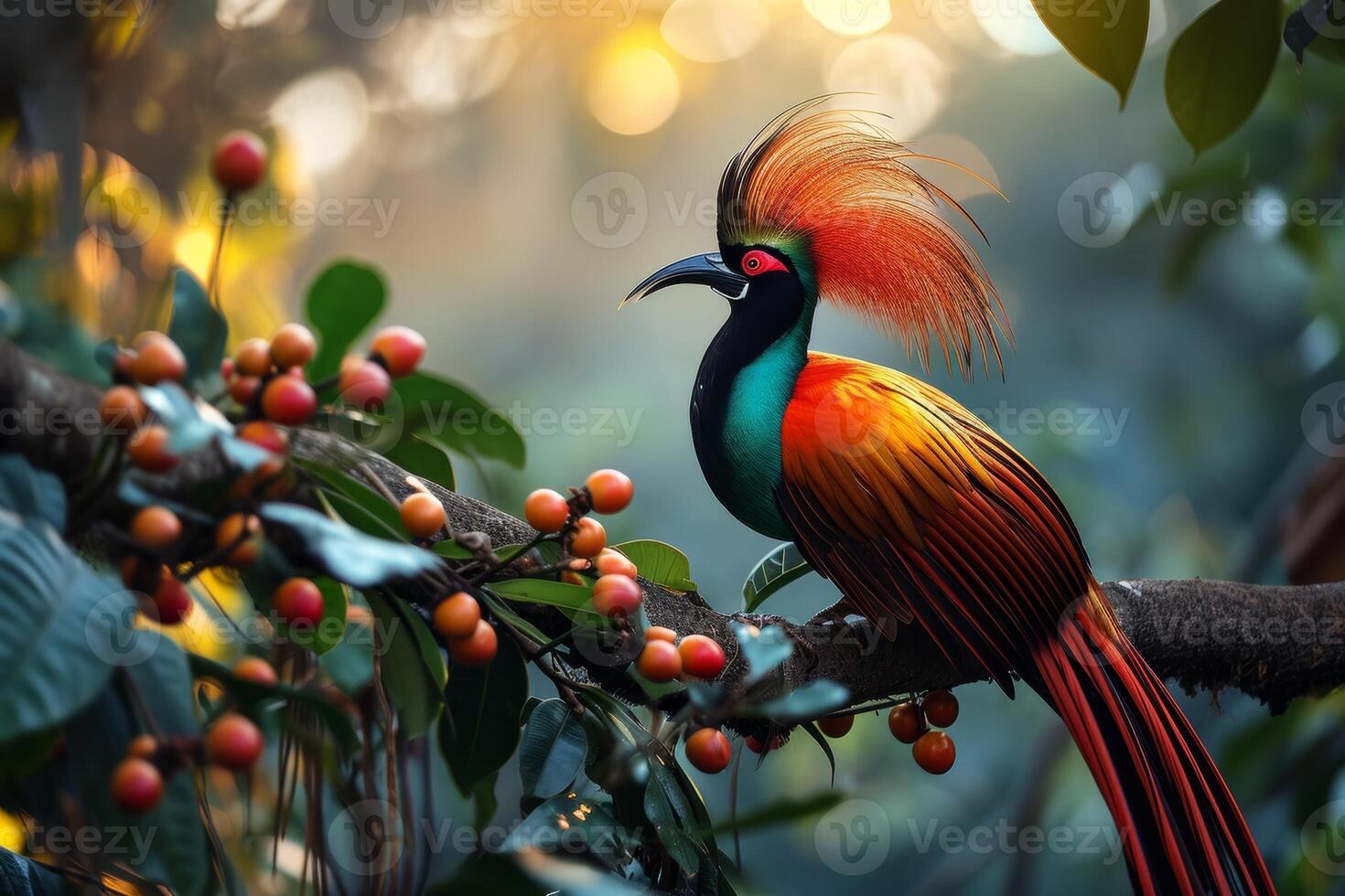 A colorful bird with a long tail sits on a branch photo