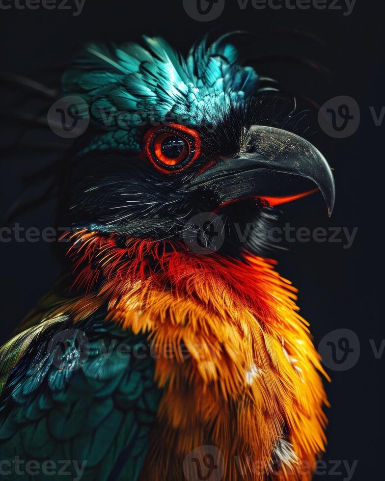 A colorful bird with bright feathers on its head photo