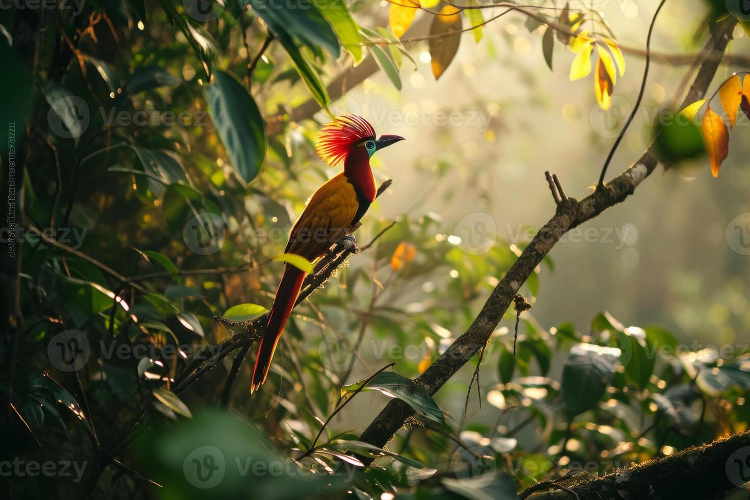 A red bird with a long tail sitting on a branch photo
