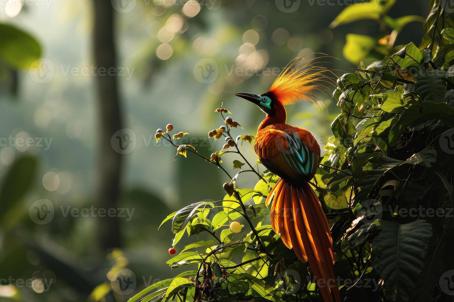 A colorful bird with a long tail is perched on a tree branch photo