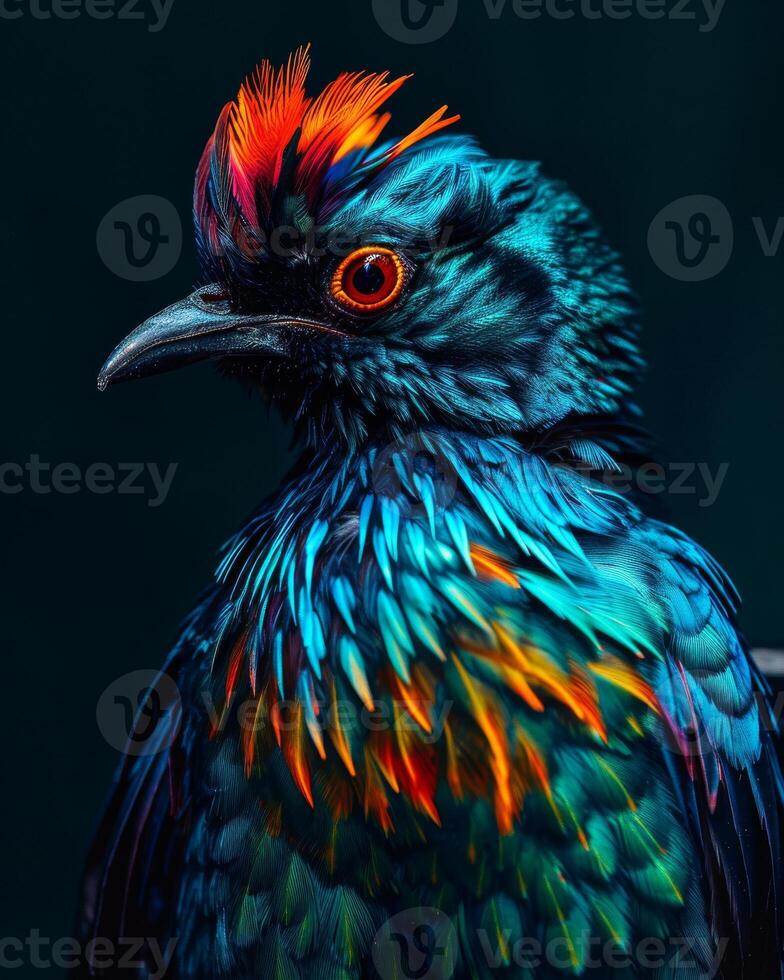 A colorful bird with bright feathers on its head photo