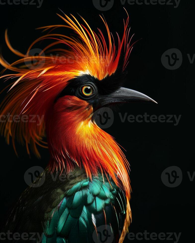 A colorful bird with long feathers on its head photo