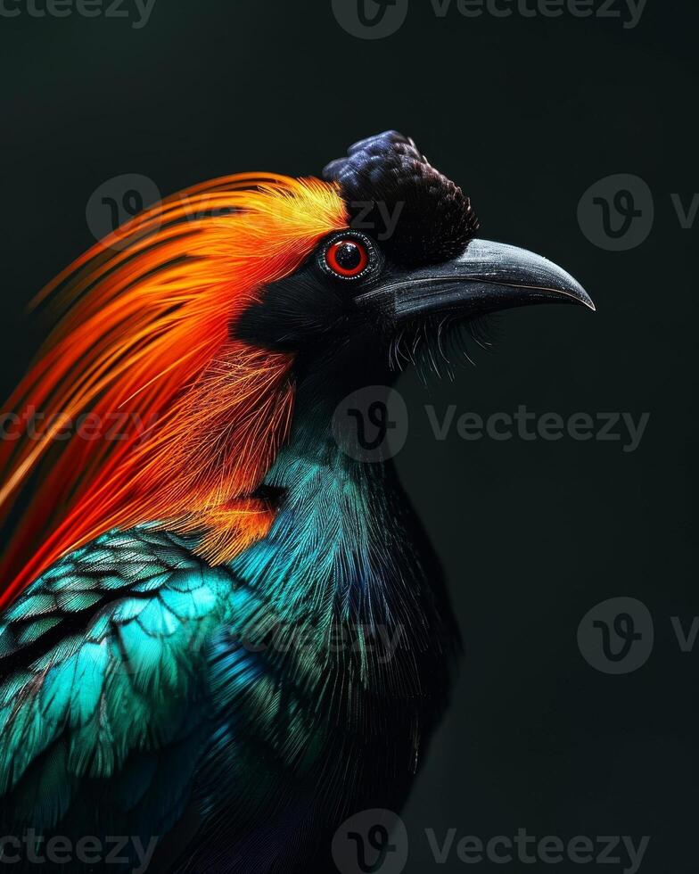A colorful bird with bright red and orange feathers photo