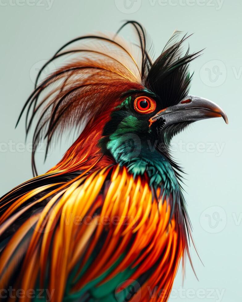 A colorful bird with long feathers on its head photo