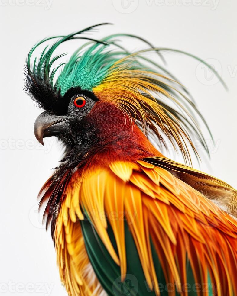 A colorful bird with long feathers on its head photo