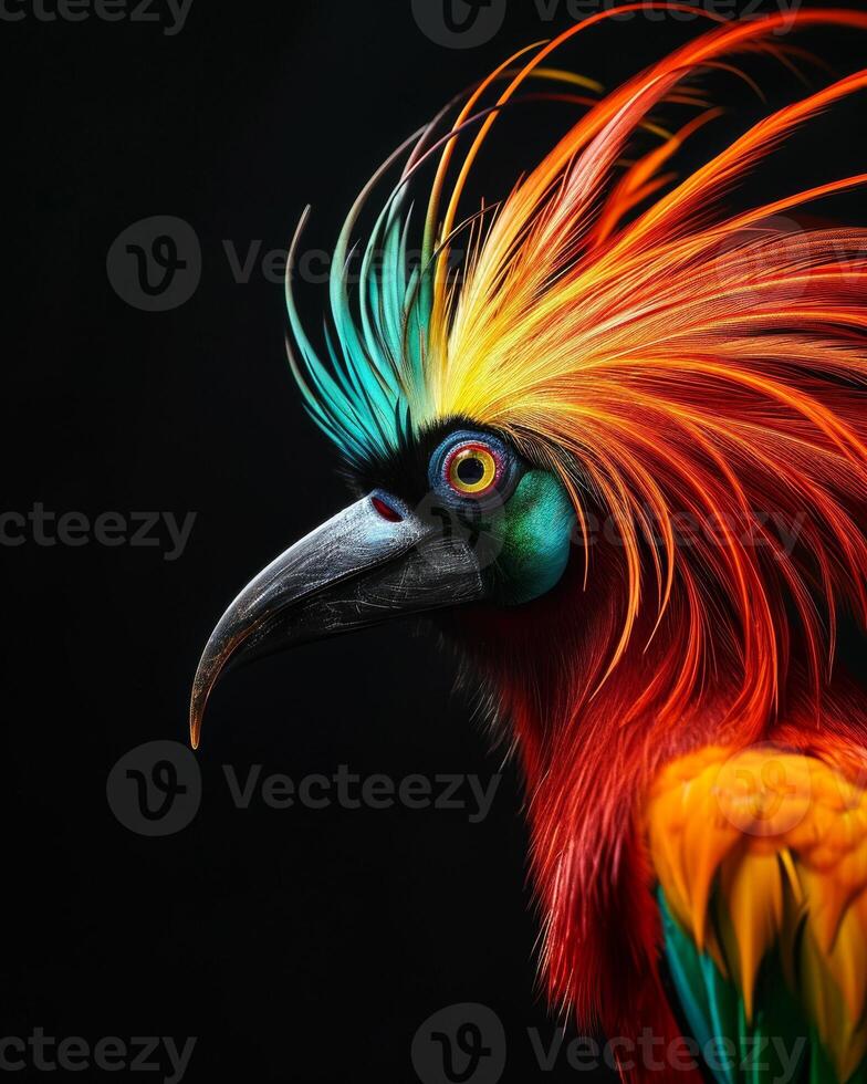 A colorful bird with long feathers on its head photo