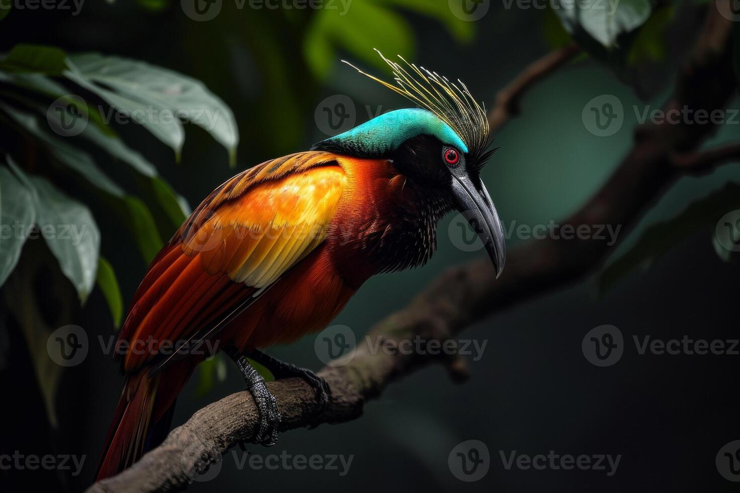 A colorful bird with a long tail sitting on a branch photo