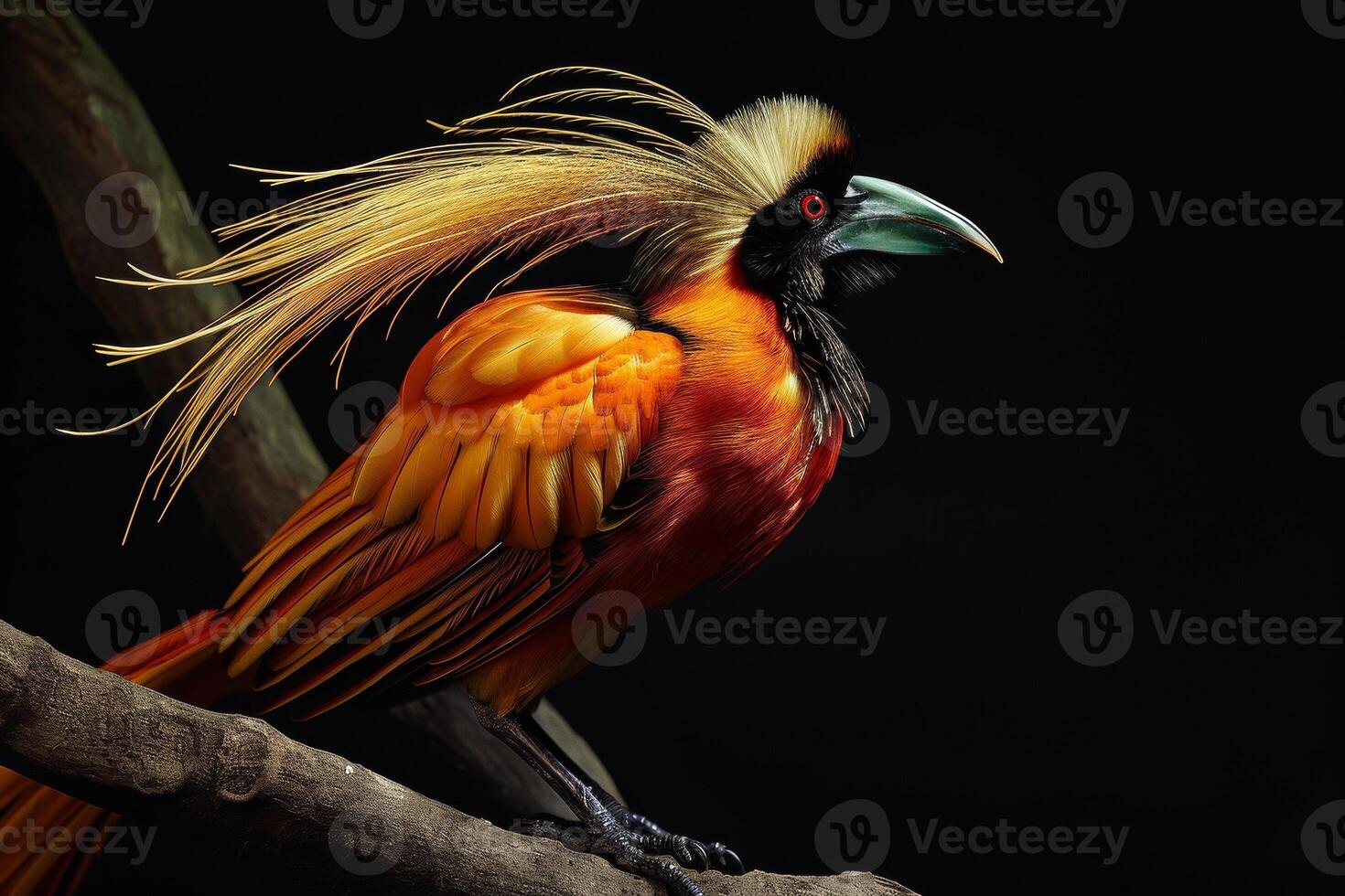 A colorful bird with long feathers on a branch photo