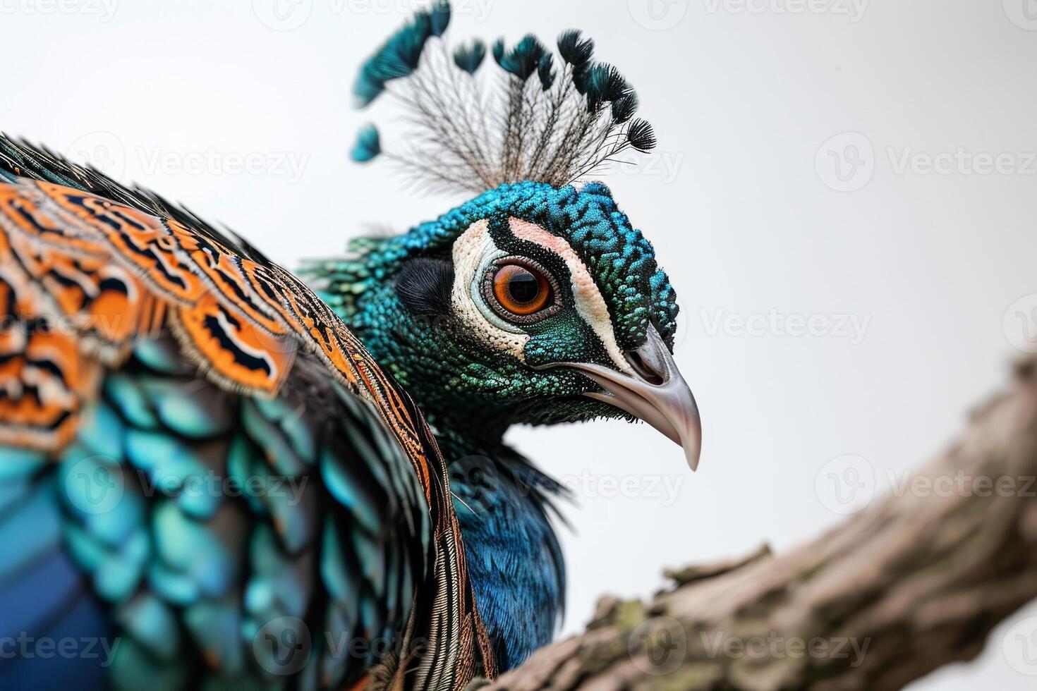 A peacock with bright blue feathers and orange feathers photo