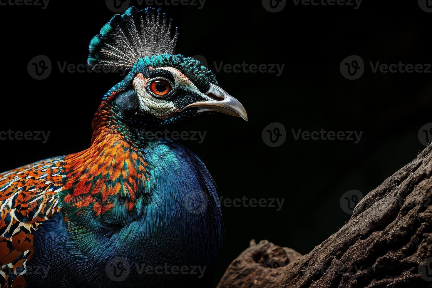 A colorful peacock stands on a branch photo