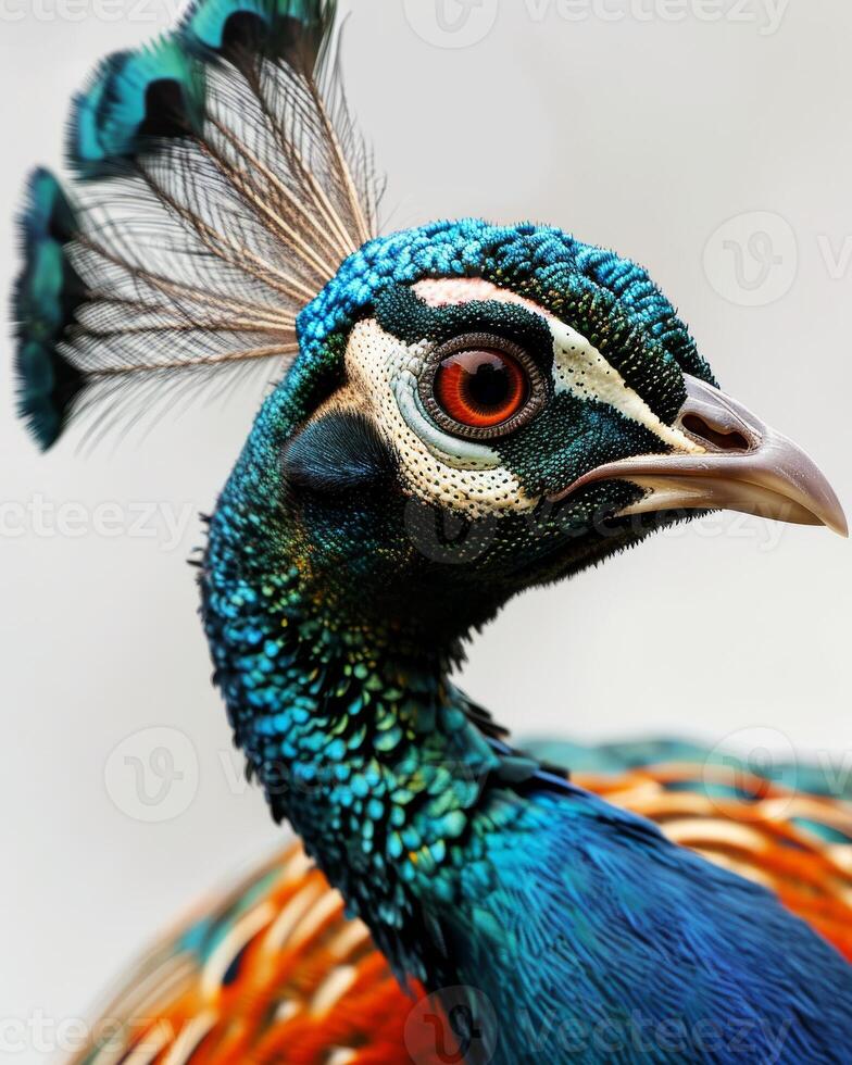 A close up of a peacock's head with a bright blue and orange feather photo