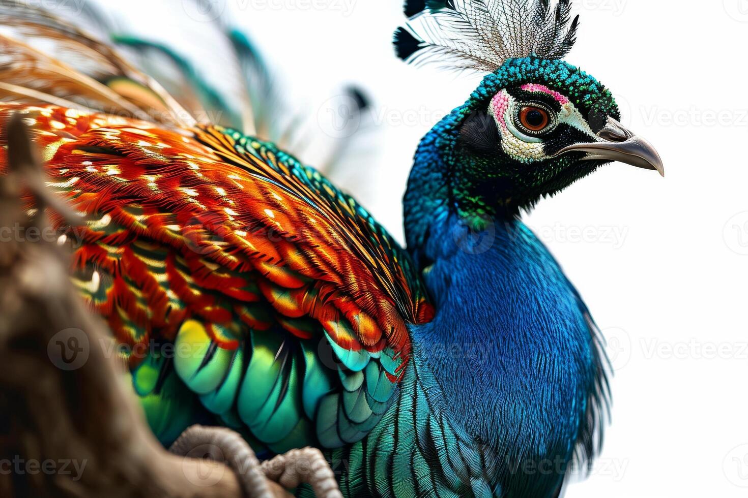 A peacock with colorful feathers standing on a branch photo