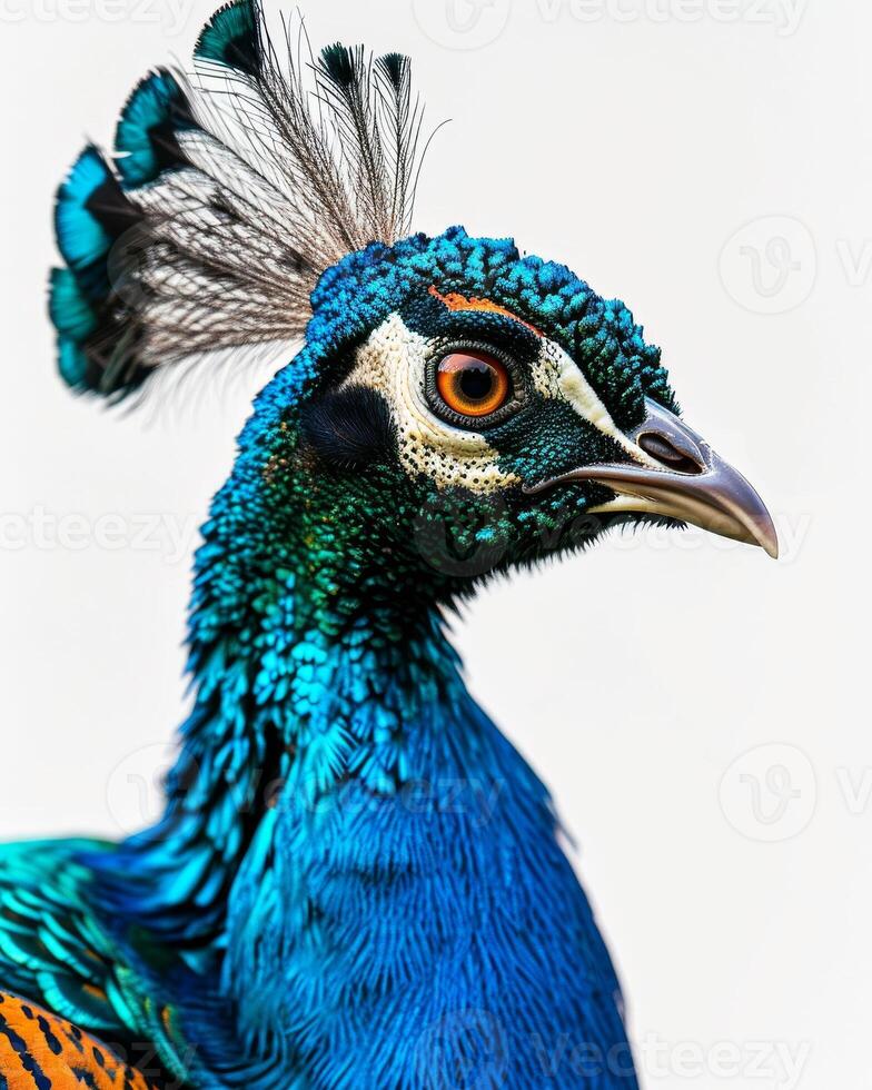A close up of a peacock with a colorful head photo