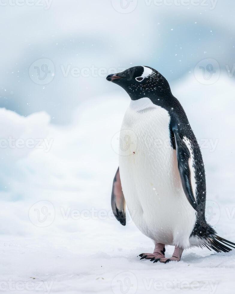Adelie penguin standing on snow in antarctica photo