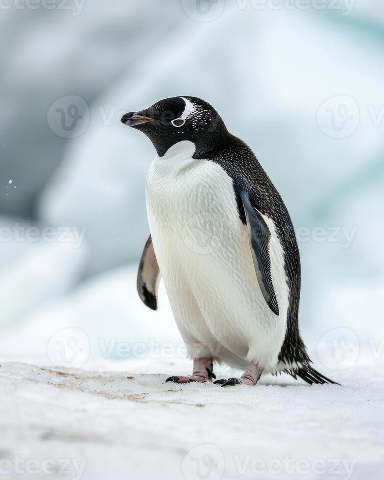 A penguin standing on a snowy surface photo