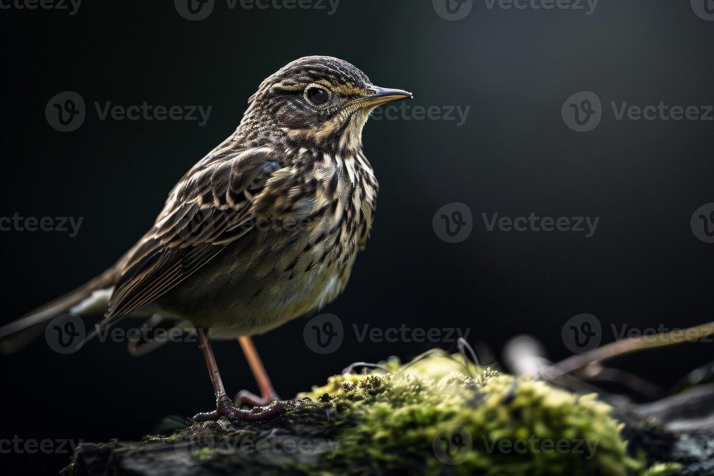 A small bird is standing on a moss covered branch photo
