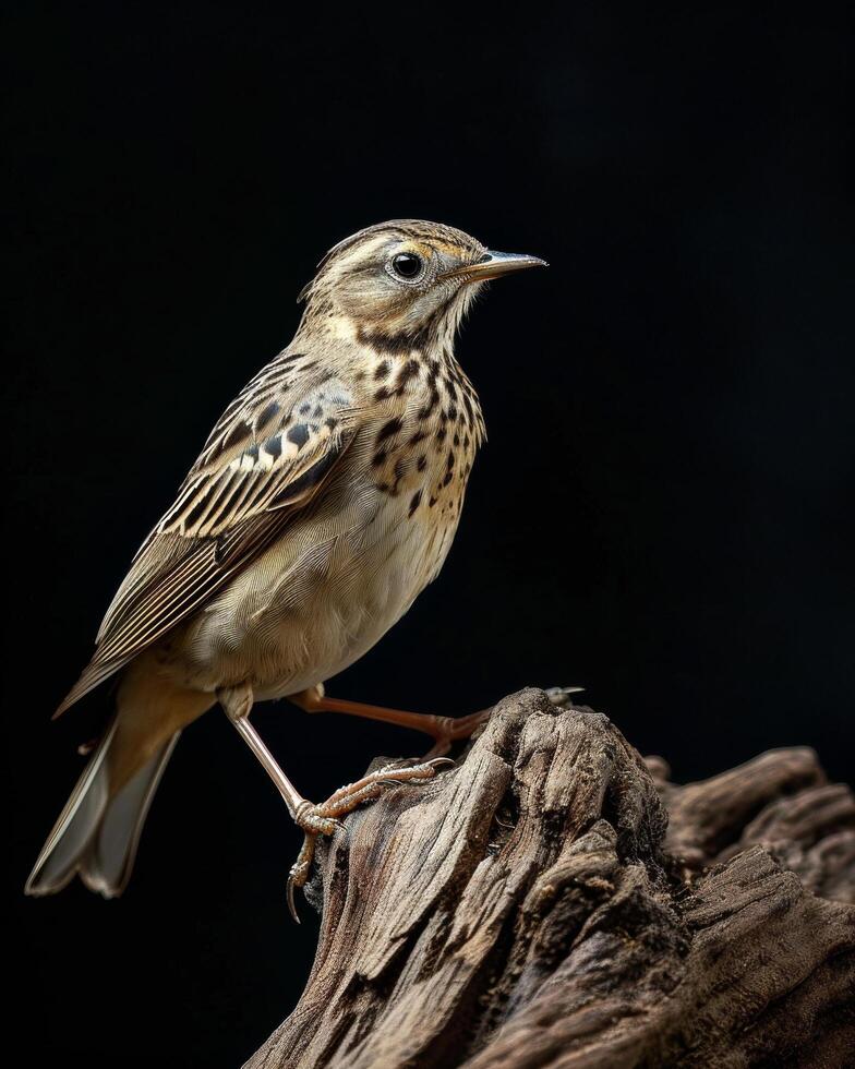A bird is sitting on a piece of wood photo