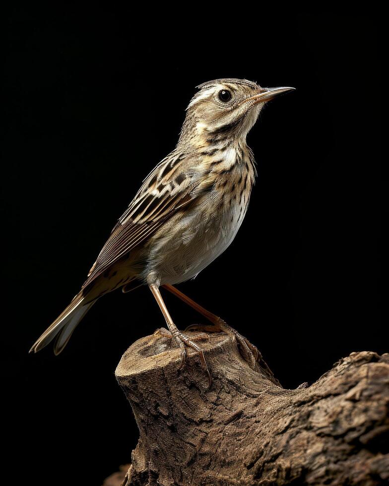 A small bird is standing on a piece of wood photo