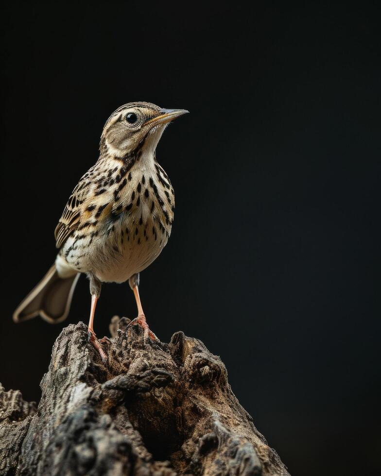 A small bird is standing on top of a tree trunk photo