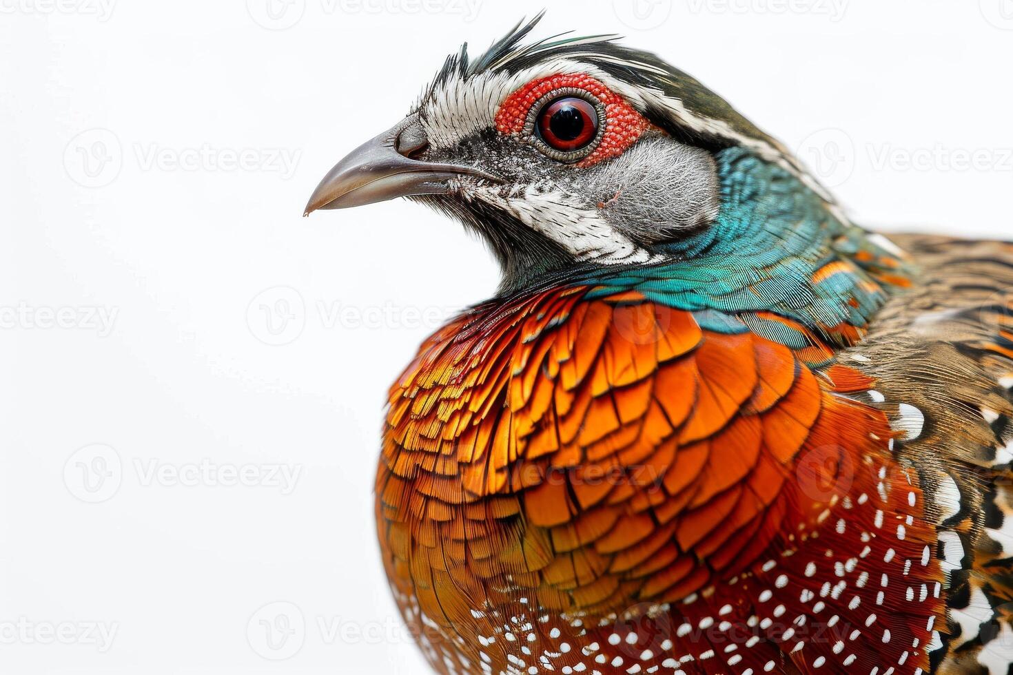 A close up of a colorful bird with a white background photo
