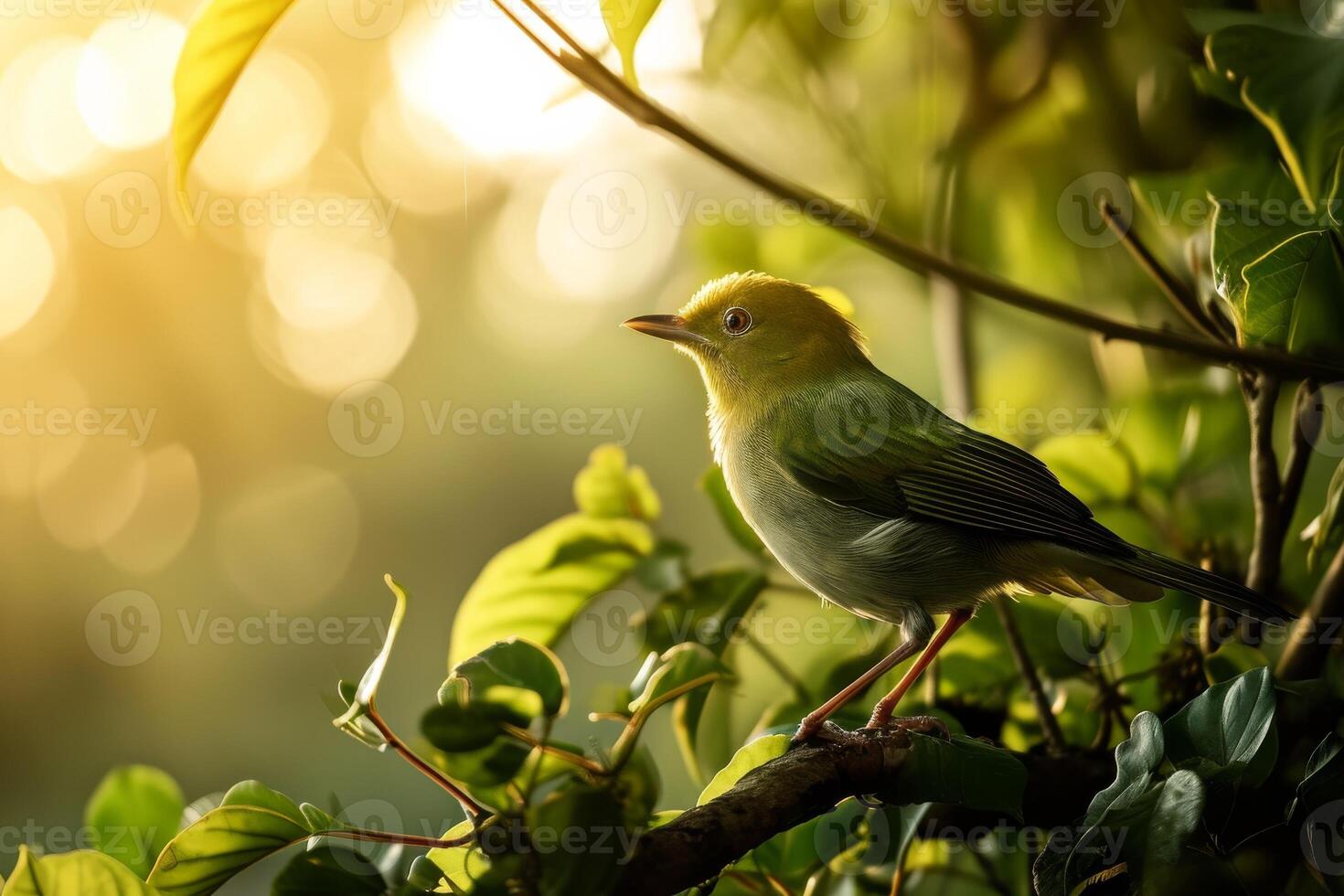 A yellow bird is perched on a branch in the sun photo