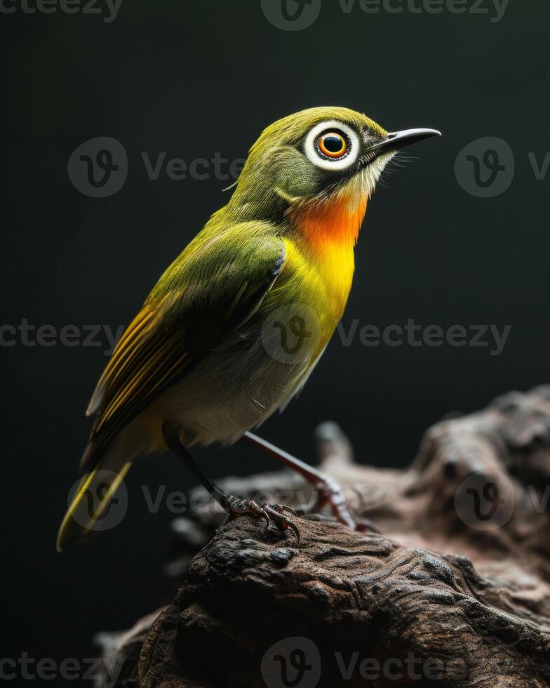 A small bird with a big eye sitting on a tree branch photo