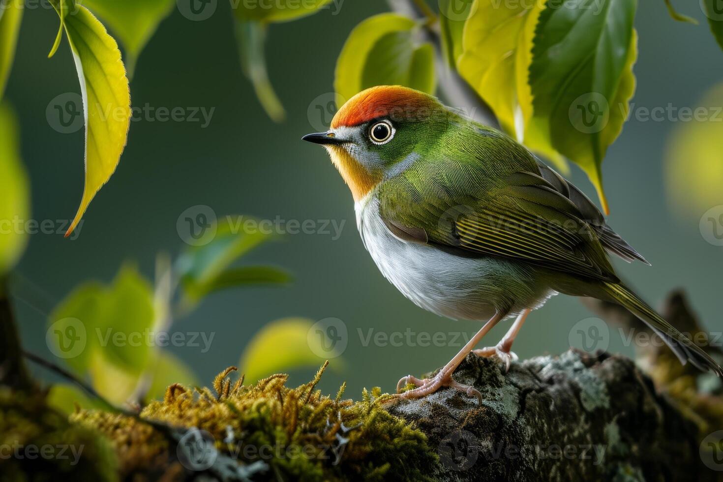 A small bird with a red head and orange beak photo