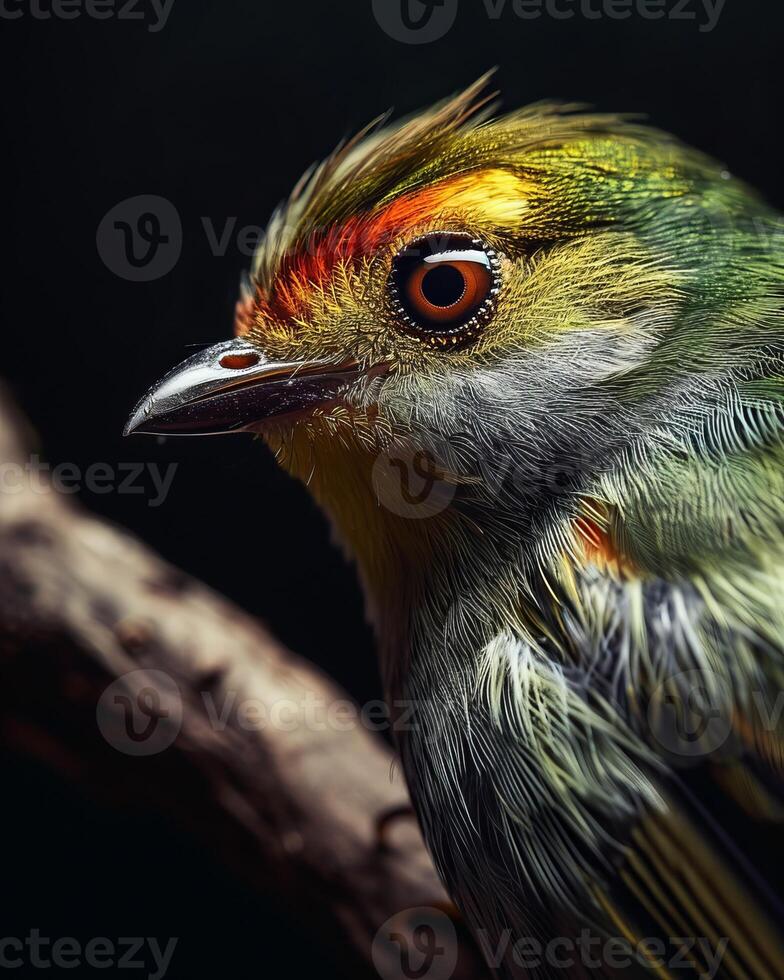 A close up of a bird with a red and yellow head photo