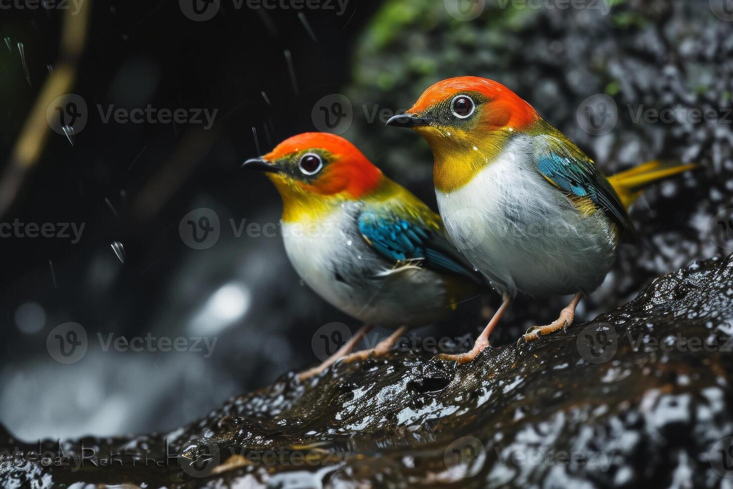 Two colorful birds sitting on a rock in the rain photo