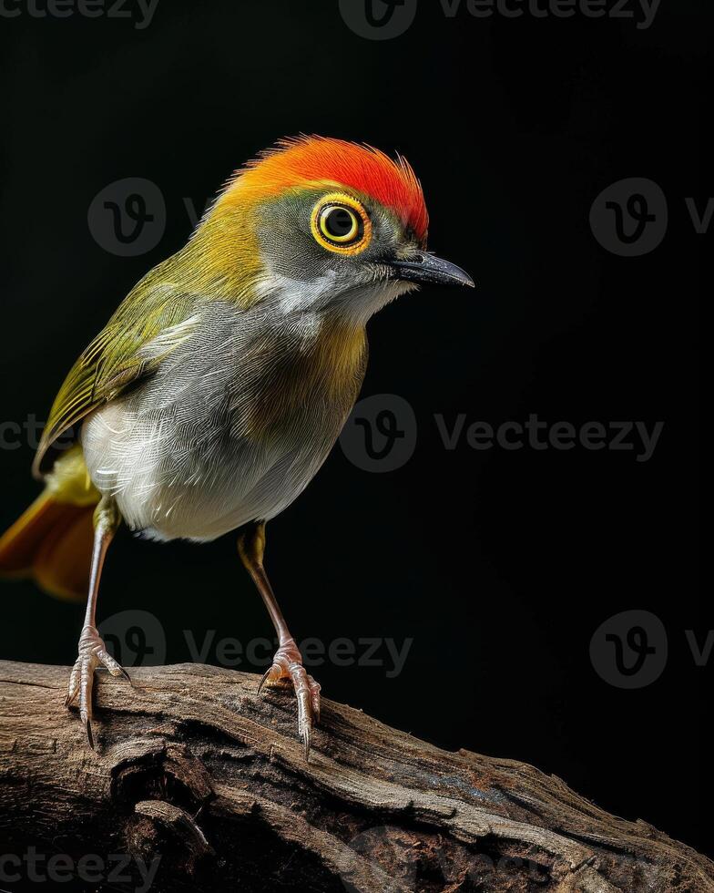 A small bird with a red and white head photo