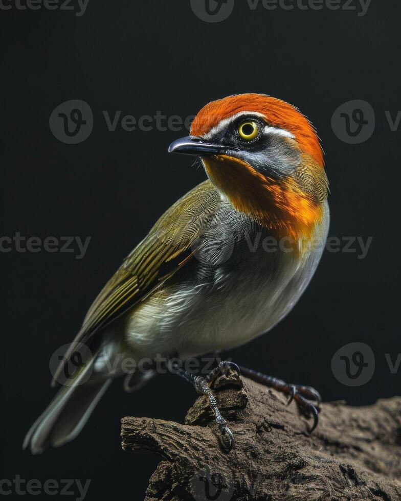 A small bird with a red and white head photo