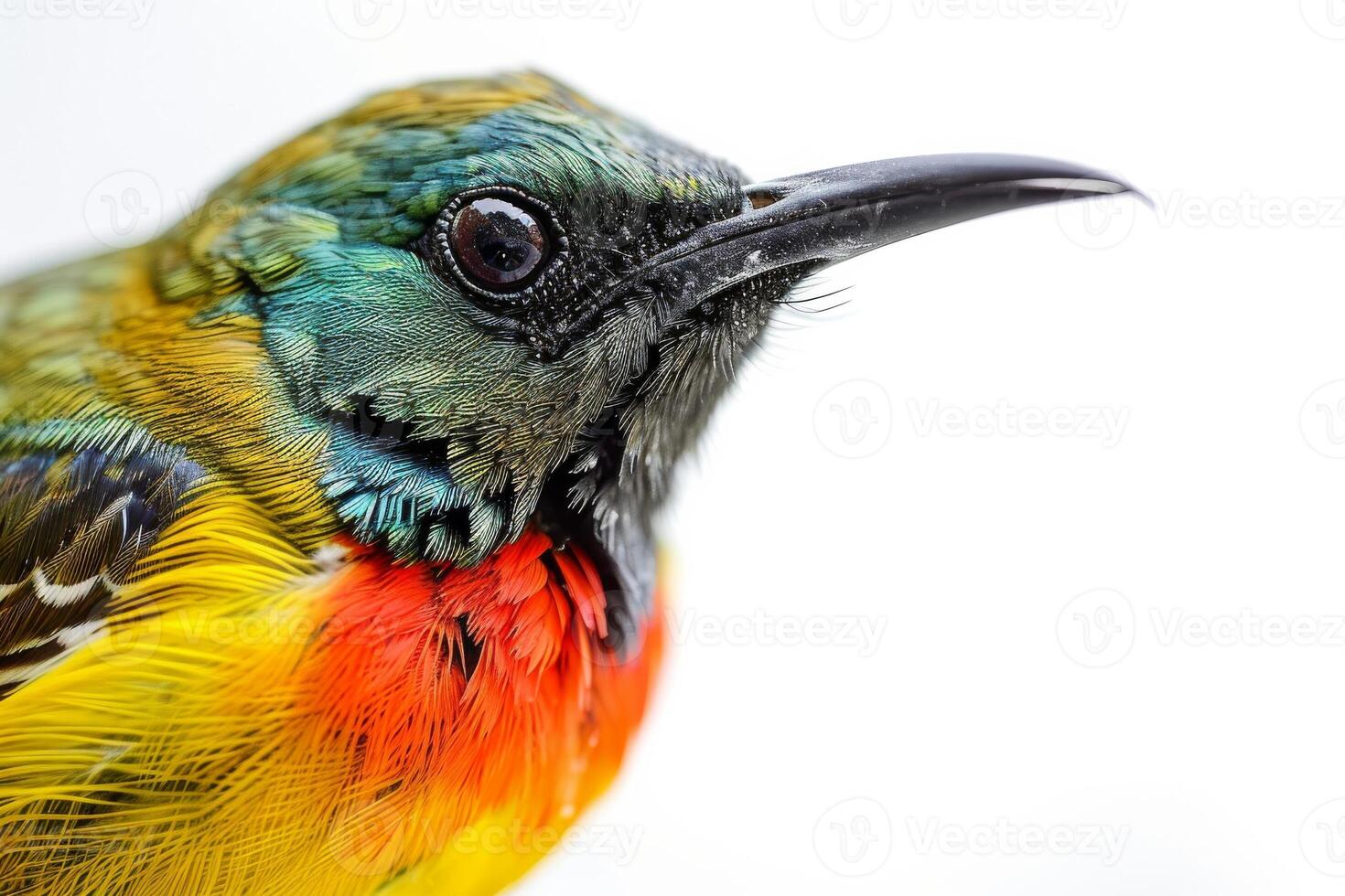 A close up of a colorful bird with a white background photo