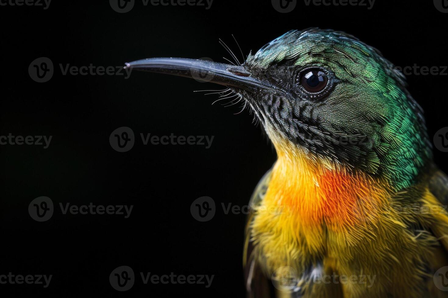 A close up of a bird with a bright orange and green head photo
